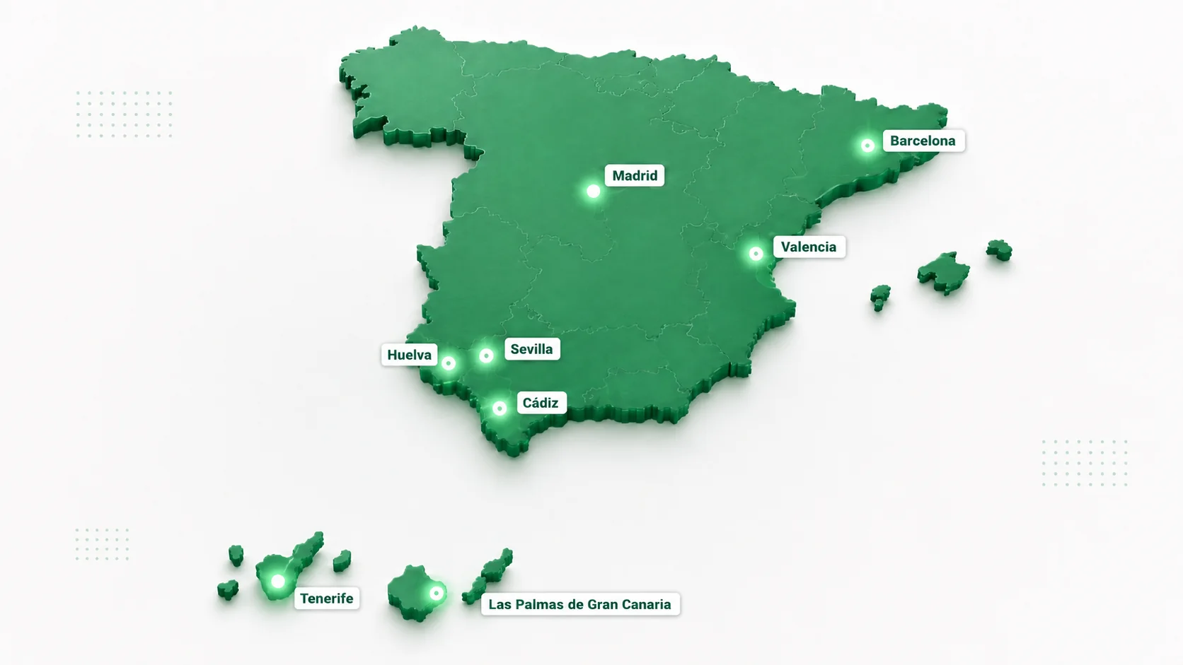 Mapa de España y Canarias con puntos de conexión logística - Madrid, Barcelona, Valencia, Sevilla, Huelva, Cádiz, Tenerife y Las Palmas de Gran Canaria